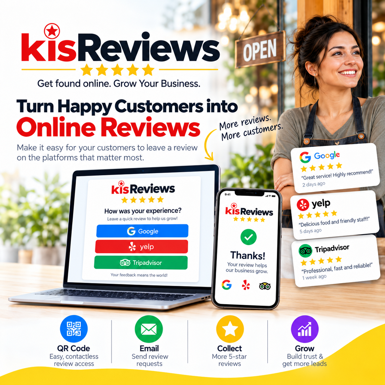 kisReviews: QR codes, email requests, and review collection in one platform